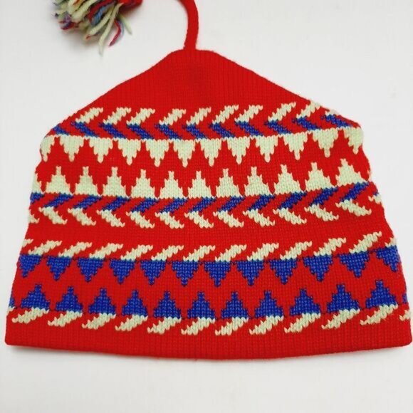 Retro 80's CAPPELLO 100% Wool Intarsia Geo Pattern Knit Beanie Hat w/ Pom-Pom OS - Picture 6 of 14